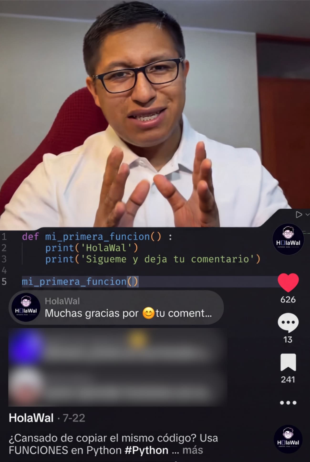 Walter Camac enseñando funciones en Python en un live de TikTok